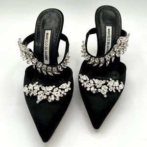 New in Box • Manolo Blahnik Black Satin Crystal Embellished Mules•Size 37 (US 7)